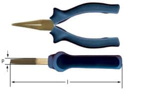 Non-sparking flat nose pliers with ergonomic handles, designed for use in explosive or hazardous environments.